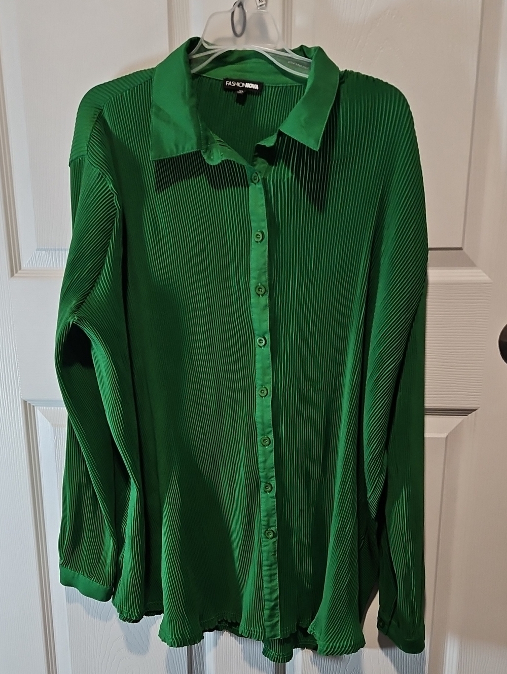 Fashion Nova Green Pleated Button-Up Shirt